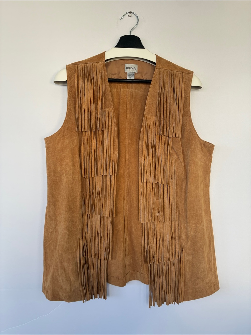 Chico’s Genuine Suede Leather Fringe Vest Open Front Western Boho Size 2